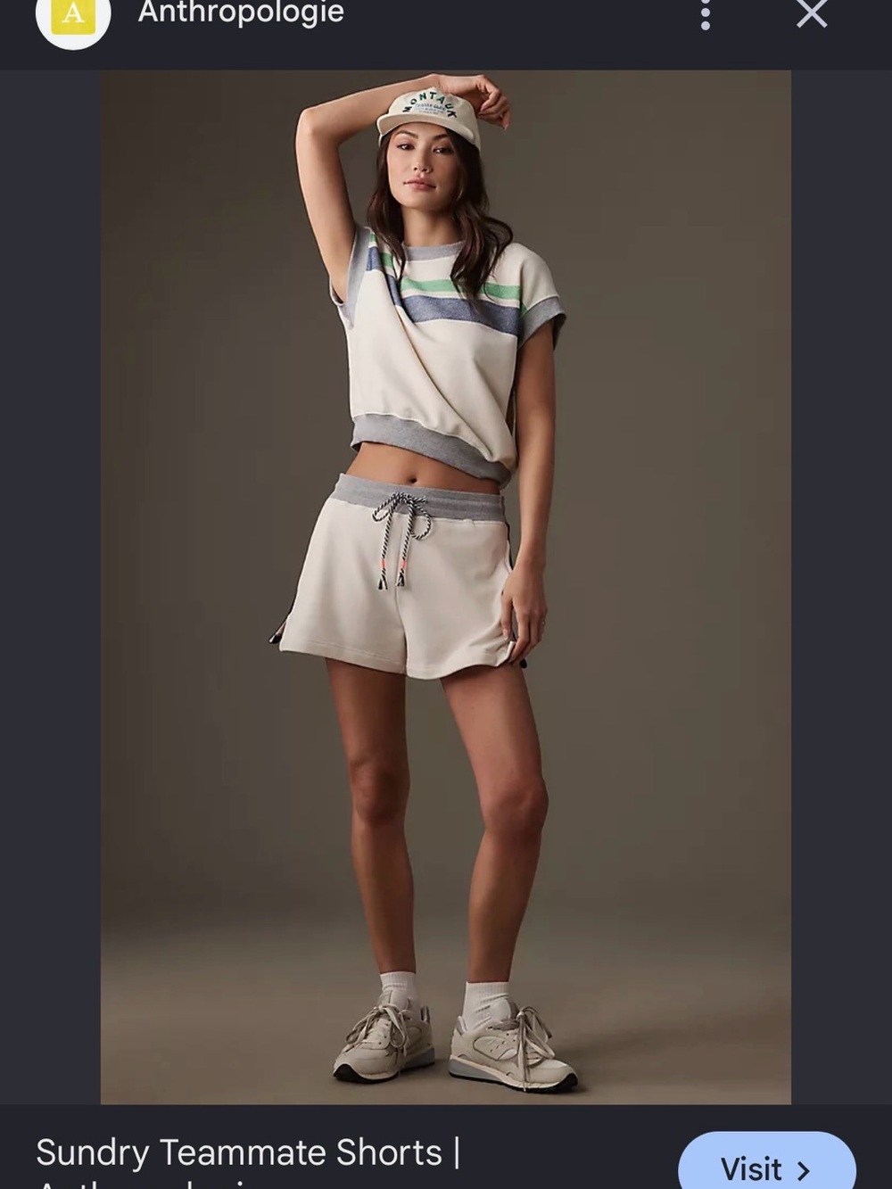 Anthropologie Cream Drawstring Athletic Shorts and matching shirt with Gray Trim